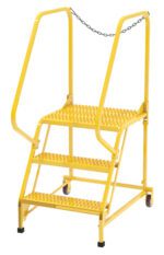 The Vestil Maintenance Ladder Grip Strut 3-Step Yellow features a safe, non-slip surface, safety handrails, and a chain at the top entry. Its three-step design includes a top platform and is supported by wheels for easy mobility.
