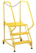The Vestil Maintenance Ladder Perforated 3-Step Yellow features a platform, side handrails, back wheels for mobility, three perforated steps, and a safety chain between the rails at the top for added convenience and safety.