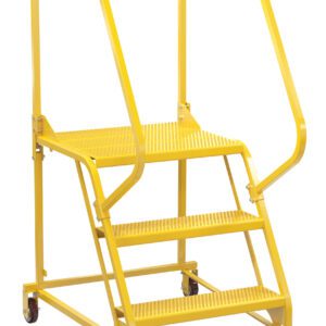 The Vestil Maintenance Ladder Perforated 3-Step Yellow features a platform, side handrails, back wheels for mobility, three perforated steps, and a safety chain between the rails at the top for added convenience and safety.