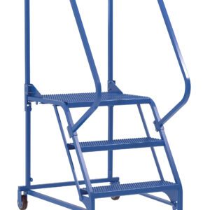 The Vestil Maintenance Ladder 3 Step Perforated is blue and features a perforated metal design with handrails, a small top platform, rear wheels, front stabilizing feet, and a chain linking the handrails for added safety.