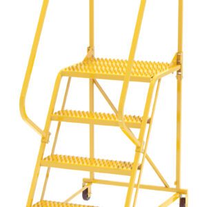 The Vestil Maintenance Ladder Grip-Strut 4-Step Yellow is a robust industrial tool with four textured steps for optimal grip, safety handrails, and a top chain, making it ideal for warehouse or factory use.