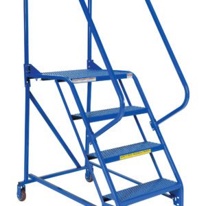 The Vestil Maintenance Ladder 4 Step Perforated is a blue portable metal ladder with four perforated steps. It includes a safety chain, wheels for easy movement, and angled handrails on both sides for added stability and convenience.