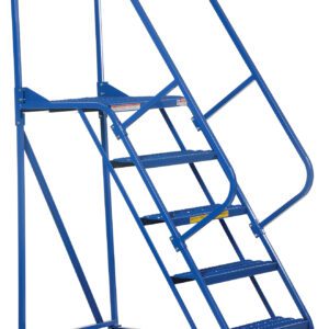 The blue Vestil Maintenance Ladder 5 Step Grip Strut is a rolling industrial safety ladder with handrail, small top platform, and features five Grip Strut steps. Mobility is enhanced by wheels, and a safety chain at the top ensures security.