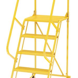 The Vestil Maintenance Ladder Perforated 5-Step Yellow features sturdy handrails, a safety chain, and a rolling base for smooth mobility, making it an essential tool for any workspace.