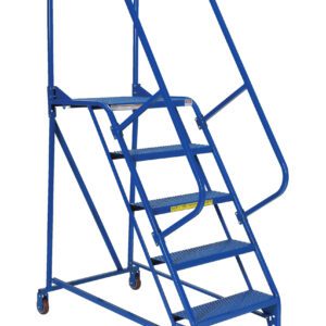 The Vestil Maintenance Ladder 5 Step Perforated offers five perforated steps and dual handrails. Its top platform is secured by a safety chain, while wheels provide mobility for this blue rolling ladder.