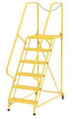 The Vestil Maintenance Ladder Grip-Strut 6-Step Yellow is a mobile platform featuring handrails, a top safety chain, and six steps, designed for industrial use.