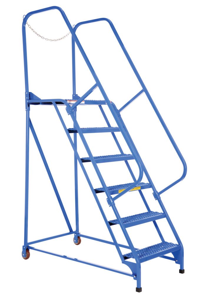 The Vestil Maintenance Ladder 6 Step Grip Strut boasts a blue mobile metal design with six grip strut steps, handrails, a top platform, and wheels for easy mobility. It also features a safety chain at the top for enhanced security.