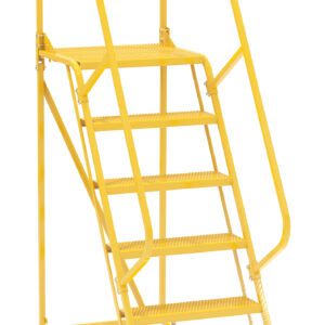 The Vestil Maintenance Ladder is a durable yellow industrial rolling ladder with six perforated steps and safety railings. Perfect for warehouse use, it has a chain at the top and small base wheels for easy mobility.