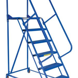 Introducing the Vestil Maintenance Ladder 6 Step Perforated, a versatile blue rolling ladder with handrails, perforated steps, a secure platform with a safety chain, and four wheels for easy mobility.