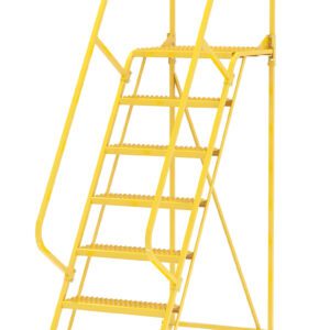The Vestil Maintenance Ladder in yellow features seven sturdy Grip-Strut steps, handrails on both sides, and a safety chain for secure usage. Its wheeled base ensures easy mobility, making it perfect for industrial or warehouse settings.