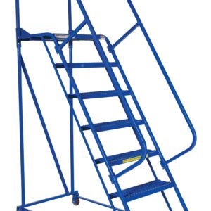 The Vestil Maintenance Ladder 7 Step Grip Strut features seven steps, side handrails for stability, and includes a top platform with a safety chain. Its wheels ensure easy mobility.