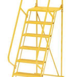 The Vestil Maintenance Ladder Perforated 7-Step Yellow is an industrial rolling ladder with handrails, a safety chain at the top, and wheels for mobility. Its yellow, sturdy metal frame and perforated steps ensure efficient use and secure operation.