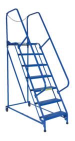 The Vestil Maintenance Ladder 7 Step Perforated is a blue rolling ladder designed for industrial use, featuring seven perforated steps, handrails, four wheels, and a safety chain at the top against a plain white background.