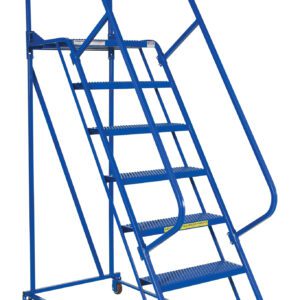 The Vestil Maintenance Ladder 7 Step Perforated is a blue rolling ladder designed for industrial use, featuring seven perforated steps, handrails, four wheels, and a safety chain at the top against a plain white background.