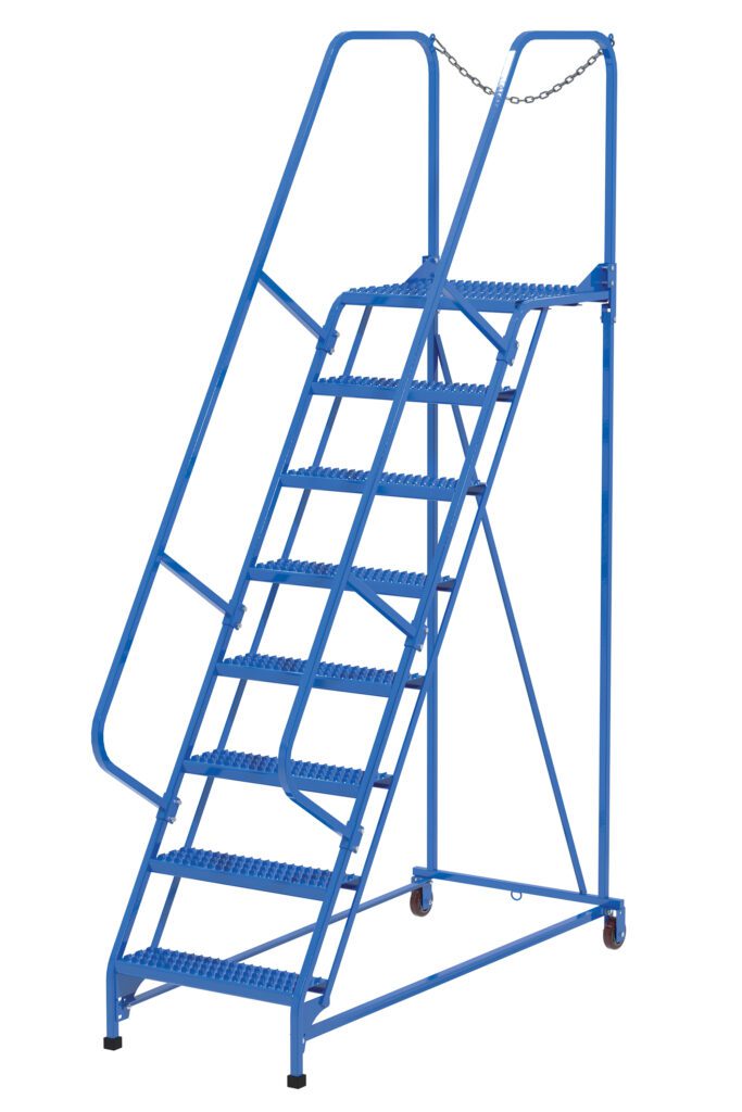 The blue metal Vestil Maintenance Ladder 8 Step Grip Strut features handrails, a safety chain at the top, and wheels for easy mobility, ensuring stability and security with seven steps.