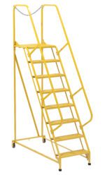 The Vestil Maintenance Ladder Perforated 8-Step Yellow features a top platform, sturdy handrails, a safety chain, and wheels for easy maneuverability.