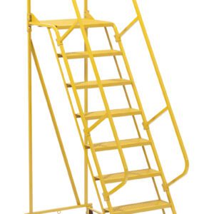 The Vestil Maintenance Ladder Perforated 8-Step Yellow features a top platform, sturdy handrails, a safety chain, and wheels for easy maneuverability.