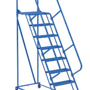 The Vestil Maintenance Ladder 8 Step Perforated features a blue design, safety handrails on both sides, a chain at the top, wheels for mobility, and a sturdy support structure for reliability.