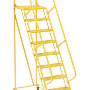 The Vestil Maintenance Ladder Grip-Strut 9-Step Yellow is a sturdy rolling ladder with handrails, small wheels, and a top chain for safety, making it ideal for industrial or warehouse use.