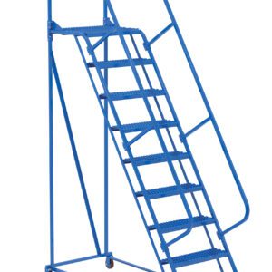 The Vestil Maintenance Ladder 9 Step Grip Strut boasts a blue design, sturdy handrails, a small top platform, wheels for mobility, and a safety chain at the top. Its 9-step structure ensures secure access with its reliable grip strut surface.