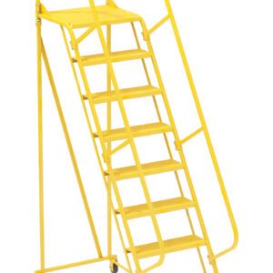 The Vestil Maintenance Ladder Perforated 9-Step Yellow is a rolling marvel with wheels, featuring nine perforated steps, handrails on both sides, and a safety chain at the top—ideal for industrial or warehouse use.