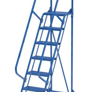 The Vestil PW Ladder Perf 16.8125 In 7 Step, featuring seven steps and a top platform, offers safety rails on both sides. Its blue design includes four wheels for easy mobility and stable access to high areas, with 16.8125-inch perf spacing ensuring reliable ascent.
