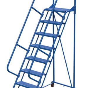 The Vestil Pw Ladder, similar to the Perf 8-step model but more compact, is a blue metal rolling ladder with seven steps and handrails on both sides. It features a contrasting yellow bottom step for enhanced visibility and is mounted on wheels for easy mobility.