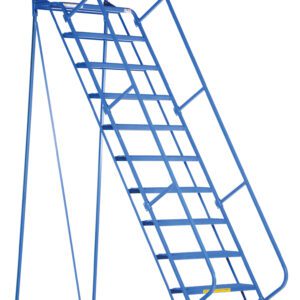The Vestil PW Ladder Grip 30.25 In 12 Step is a blue rolling ladder ideal for industrial or warehouse use, featuring handrails and four wheels for mobility to access high shelves safely and effortlessly.