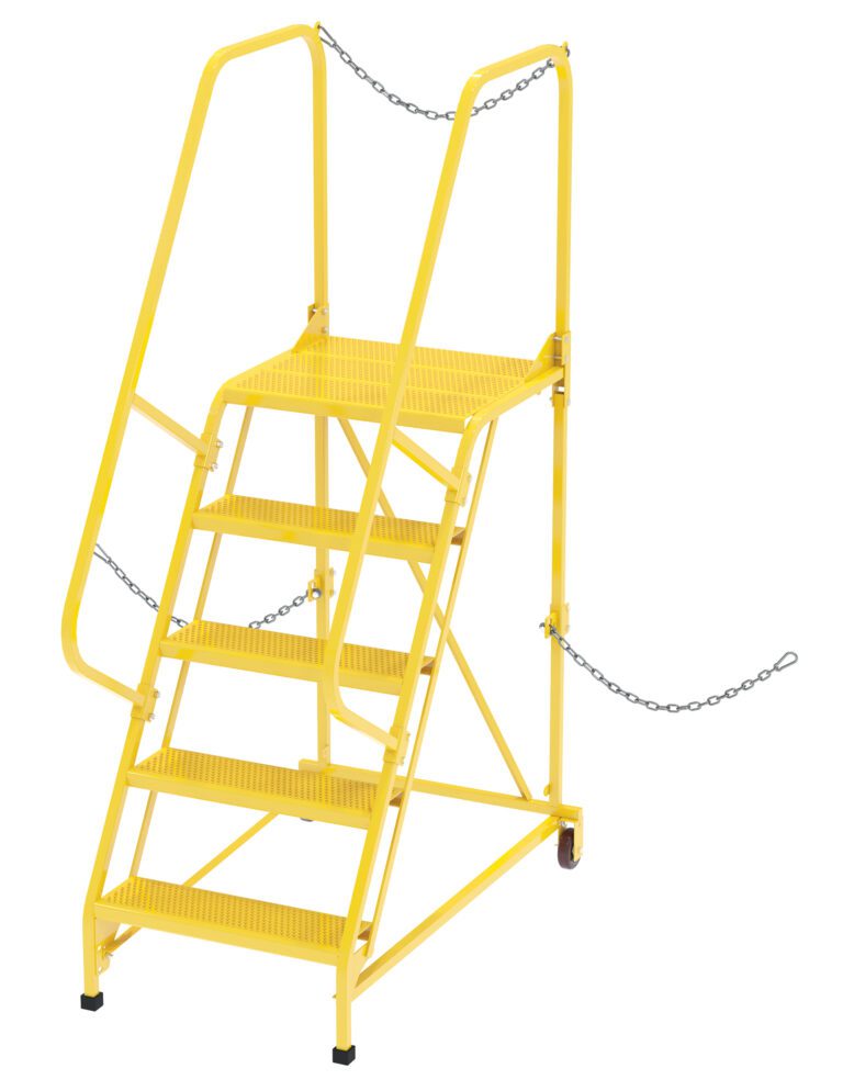 LAD-STAL-5-P-YL_A.jpg The Vestil Semi-Trailer Access Ladder, 5-Perf Step Yellow, 350#, is a metal safety ladder with five perforated steps, dual handrails, a top platform, small wheels for mobility, and security chains.