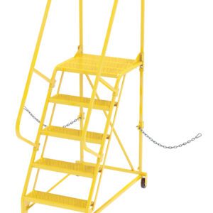 The Vestil Semi-Trailer Access Ladder, 5-Perf Step Yellow, 350#, is a metal safety ladder with five perforated steps, dual handrails, a top platform, small wheels for mobility, and security chains.