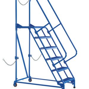 The Vestil Semi-Trailer Access Ladder, 6-Step (350#), features a blue mobile stairway with handrails, safety chains, and wheels. Ideal for industrial use, its sturdy metal frame ensures stability and safety for elevated access with a slight incline.