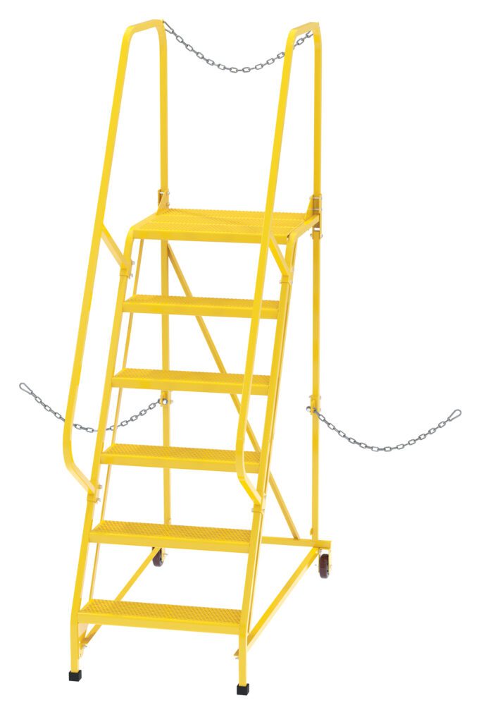 The Vestil Semi-Trailer Access Ladder, in 6-Perf Step Yellow, features 5 steps, safety handrails with chains for security, a top platform, a robust 350# capacity, and caster wheels for easy mobility.