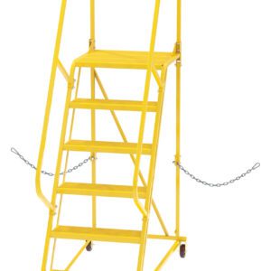 The Vestil Semi-Trailer Access Ladder, in 6-Perf Step Yellow, features 5 steps, safety handrails with chains for security, a top platform, a robust 350# capacity, and caster wheels for easy mobility.