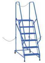 The Vestil Semi-Trailer Access Ladder, 6-Perf Step, 350#, is a blue metal rolling ladder with five steps, handrails, and safety chains on each side; it has two wheels for mobility and stable front legs, making it ideal for safely reaching high shelves or storage areas.