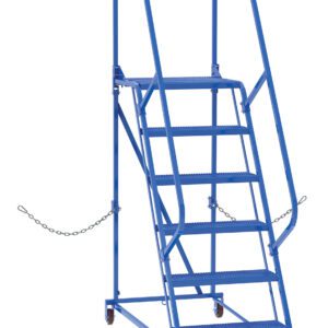 The Vestil Semi-Trailer Access Ladder, 6-Perf Step, 350#, is a blue metal rolling ladder with five steps, handrails, and safety chains on each side; it has two wheels for mobility and stable front legs, making it ideal for safely reaching high shelves or storage areas.