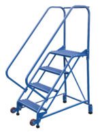 The Vestil Tip-N-Roll Ladder Grip Strut 4 Step 50° boasts four non-slip steps and handrails for safety, two rear wheels for easy mobility, and a sturdy metal frame ensuring stability at a convenient angle.