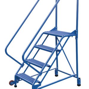 The Vestil Tip-N-Roll Ladder Grip Strut 4 Step 50° boasts four non-slip steps and handrails for safety, two rear wheels for easy mobility, and a sturdy metal frame ensuring stability at a convenient angle.