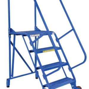 The Vestil Tip-N-Roll Straddle Grip Strut 4 Step 58° is a blue rolling safety ladder with four perforated steps, swiveling wheels with brakes, two side rails, a top platform, and Grip Strut technology for secure footing.