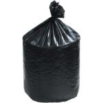 A 24 x 32 black garbage bag from the MH-USA Can Liners set is tightly sealed at the top, standing upright with a shiny surface that reflects light and highlights its texture.