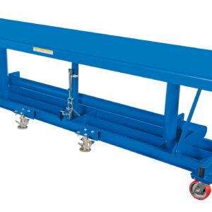 The Vestil Ergonomic Long Deck Cart 2K 120 X 30 has a long, blue rectangular lift table with a flat top and reinforced frame. It features a hydraulic mechanism, four red caster wheels for mobility, crossbar-reinforced base, and an adjustable height system for versatility.