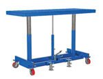The Vestil Ergonomic Long Deck Cart 4K 60 X 30 is a blue hydraulic lift table featuring a rectangular platform with vertical metal rod supports, four red caster wheels, and a manual lever mechanism for optimal maneuverability.