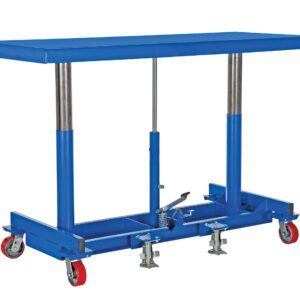 The Vestil Ergonomic Long Deck Cart 4K 60 X 30 is a blue hydraulic lift table featuring a rectangular platform with vertical metal rod supports, four red caster wheels, and a manual lever mechanism for optimal maneuverability.