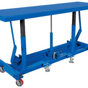 The Vestil Ergonomic Long Deck Cart 4K 96 X 30 has a blue hydraulic lift table with a spacious rectangular top and multiple caster wheels for easy mobility. It uses two hydraulic pistons and a mechanical linkage system for efficient lifting and lowering.