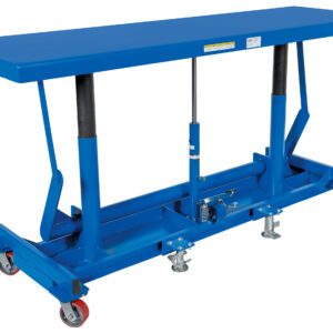 The Vestil Ergonomic Long Deck Cart 2K 96 X 30 is an excellent equipment featuring a blue hydraulic lift table with a sturdy flat top and metal frame, enhanced by two red swivel casters and two gray locking casters for excellent mobility and stability.