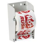 A roll of white labels featuring bold red Hot Rush and flame graphics is expertly organized in an MH-USA 4 1/2 - Wall Mount Label Dispenser, enhancing efficiency and style in any workspace.