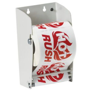 A roll of white labels featuring bold red Hot Rush and flame graphics is expertly organized in an MH-USA 4 1/2 - Wall Mount Label Dispenser, enhancing efficiency and style in any workspace.