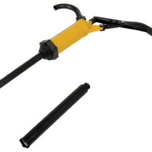 The Vestil Drum Pump Lever Action Poly SS 2 in Bung features a yellow and black manual hand pump with a long spout, sturdy handle, and detachable black extension tube. Its lever action ensures easy fluid transfer and flexibility for various applications requiring a 2-inch bung fit.
