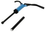 The Vestil Drum Pump Lever Action Poly 2 In Bung showcases a sturdy blue design with two black handles, a long black nozzle, and includes an additional cylindrical black extension. Its crafted for manual operation and fits perfectly into 2-inch bungs.