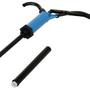 The Vestil Drum Pump Lever Action Poly 2 In Bung showcases a sturdy blue design with two black handles, a long black nozzle, and includes an additional cylindrical black extension. Its crafted for manual operation and fits perfectly into 2-inch bungs.