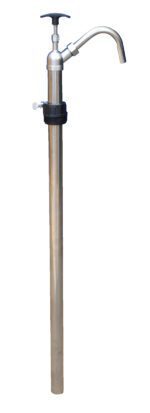 The Vestil Drum Pump Hand Pump Ss 2 In Bung features a sleek design with a long metallic spout and handle, and a black rotary mechanism for efficient liquid extraction from containers or barrels, including a 2-inch bung fitting.